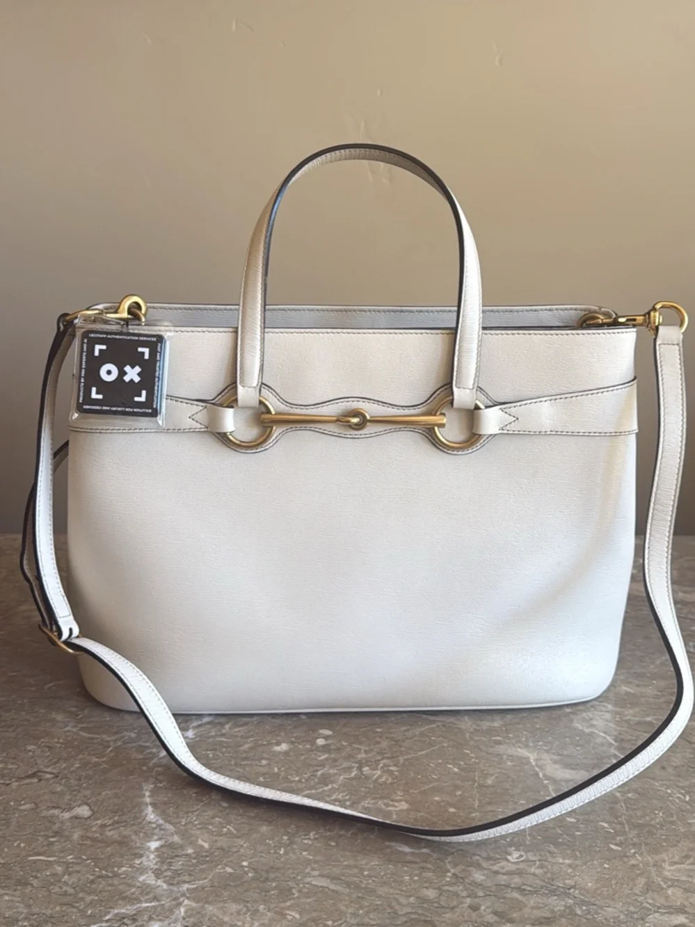 Gucci Cream Leather Tote with Gold Horsebit Hardware Authentic with COA